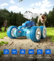 DODOELEPHANT Dinosaur Remote Control Car One Key Demo 360°Rotation Electric Hobby Tyrannosaurus Blue